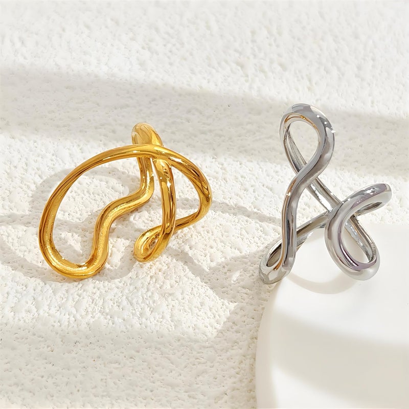 AiTURE Chunky Rings For Women, Gold Silver Thumb Ring Asymmetrical Wavy Curve Ring Adjustable Non Tarnish Dainty Stainless Steel New Year Anniversary Birthday Jewelry Gift - Image 3